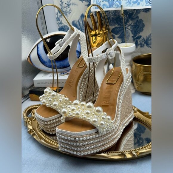 🆕 GIANNI BINI 🧿 NWOB Savanna Pearl Ornamented Platform Wedge Sandals, Sz 6.5 - Picture 7 of 16